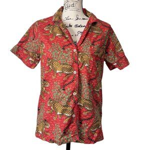 PrintFresh Womens XS Pajama Shirt Red Bagheera Leopard Short Sleeve Button-Up